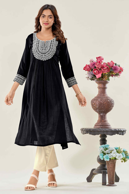 Women Black  Embroidered Viscose Rayon Straight Kurta