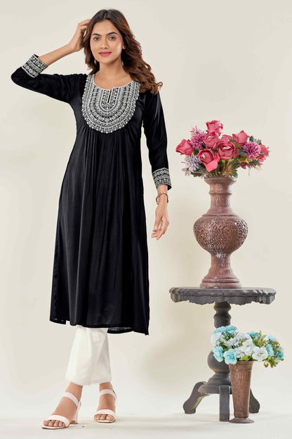 Women Black  Embroidered Viscose Rayon Straight Kurta