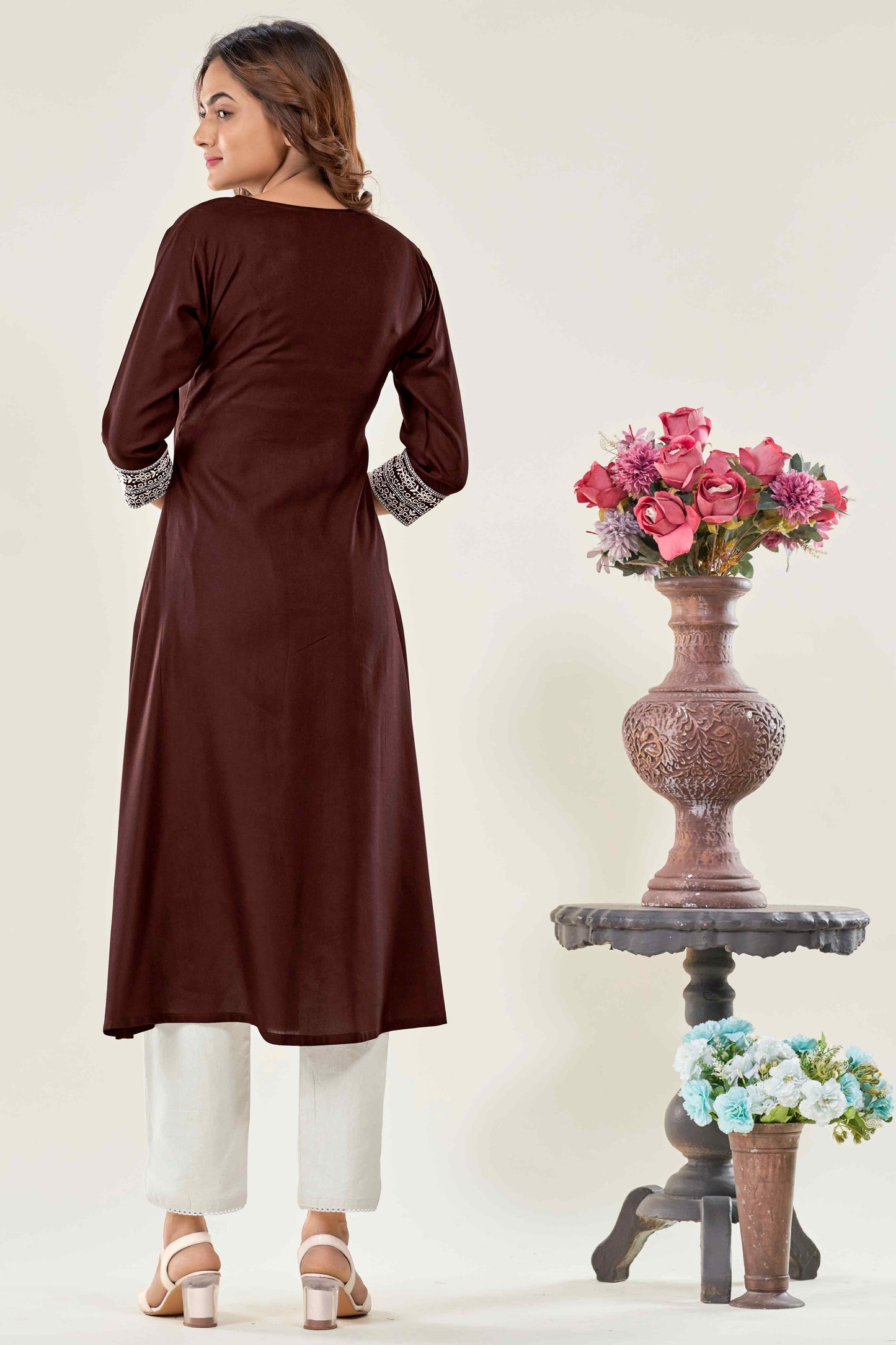 Women Brown Embroidered Viscose Rayon Straight Kurta