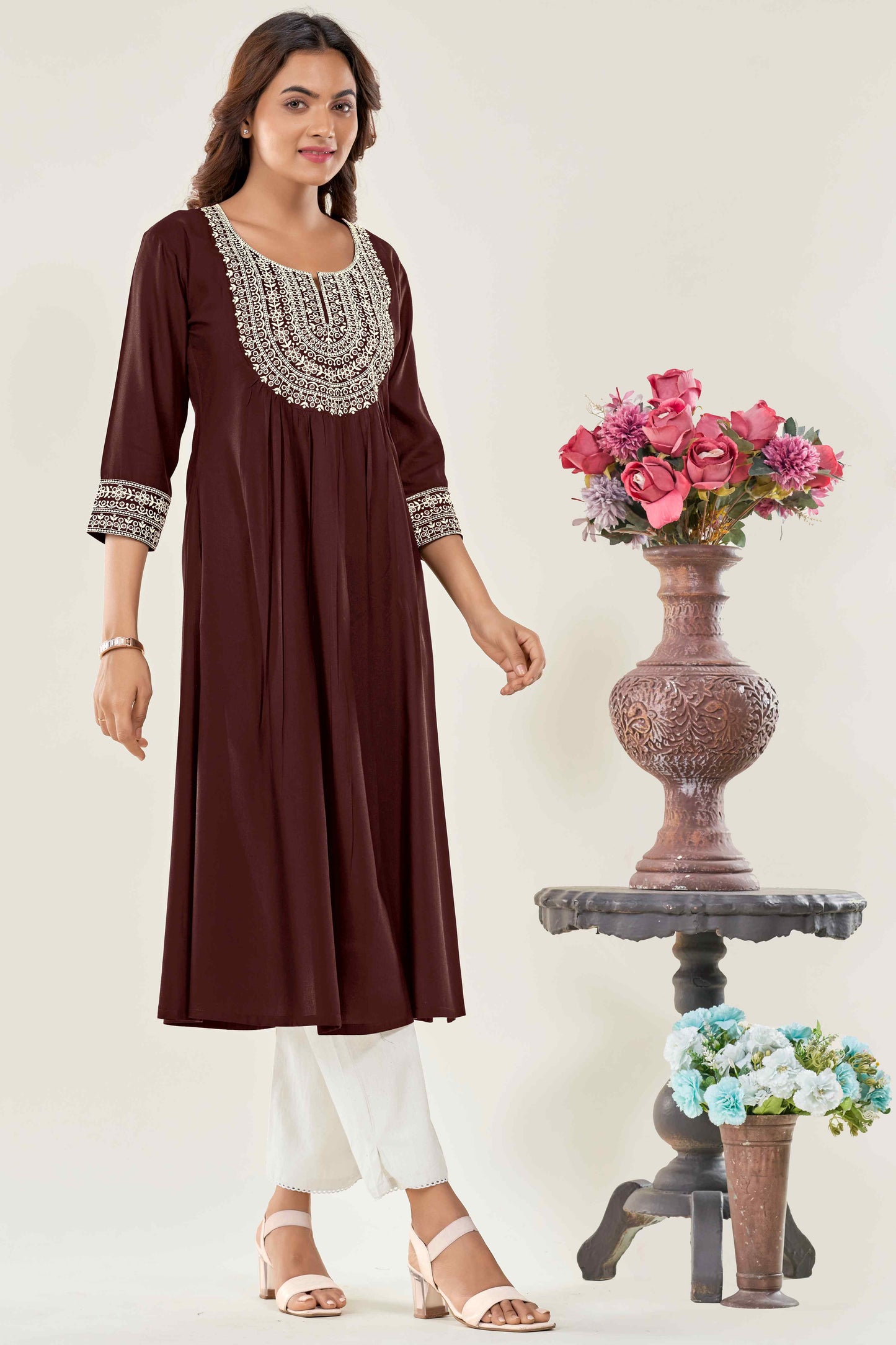 Women Brown Embroidered Viscose Rayon Straight Kurta