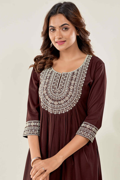 Women Brown Embroidered Viscose Rayon Straight Kurta