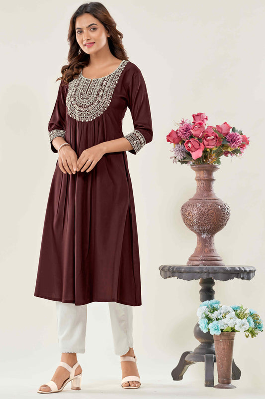 Women Brown Embroidered Viscose Rayon Straight Kurta