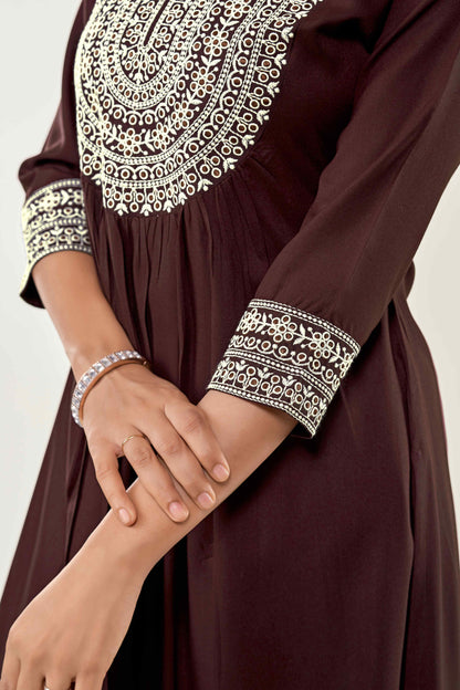 Women Brown Embroidered Viscose Rayon Straight Kurta