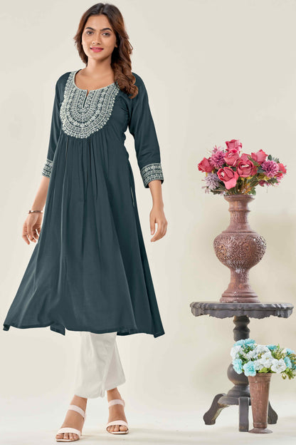 Women Grey Embroidered Viscose Rayon Straight Kurta