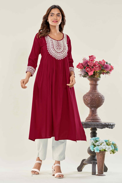 Women Maroon Embroidered Viscose Rayon Straight Kurta