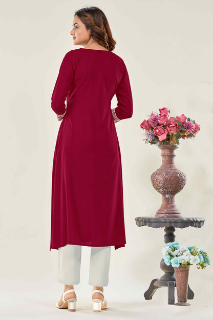 Women Maroon Embroidered Viscose Rayon Straight Kurta