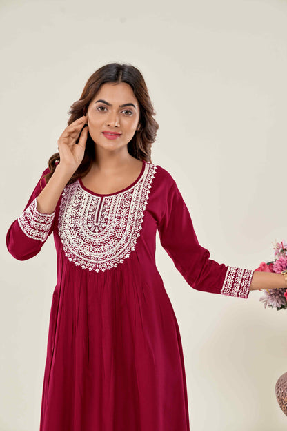 Women Maroon Embroidered Viscose Rayon Straight Kurta