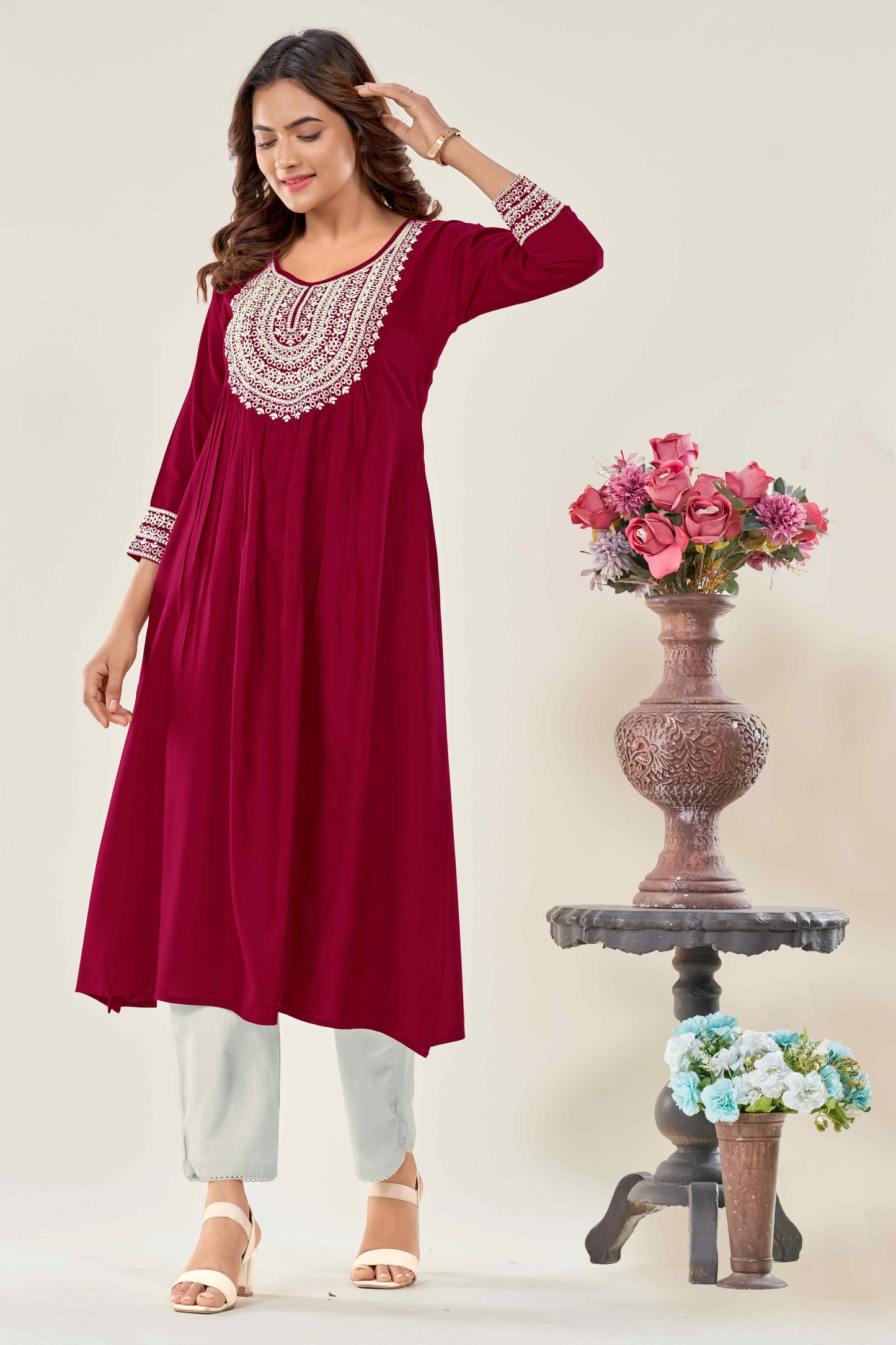 Women Maroon Embroidered Viscose Rayon Straight Kurta