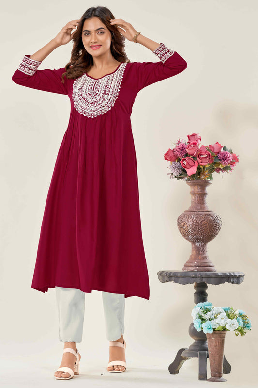 Women Maroon Embroidered Viscose Rayon Straight Kurta