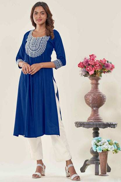 Women T Blue Embroidered Viscose Rayon Straight Kurta