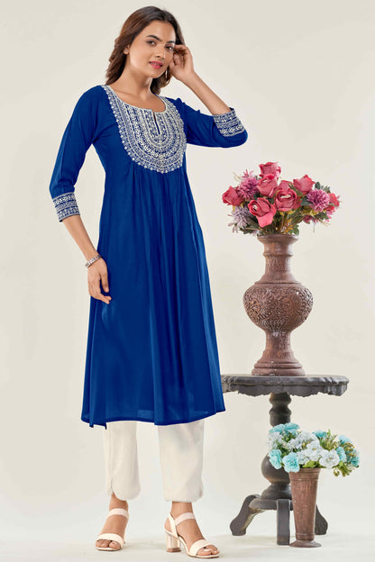 Women T Blue Embroidered Viscose Rayon Straight Kurta