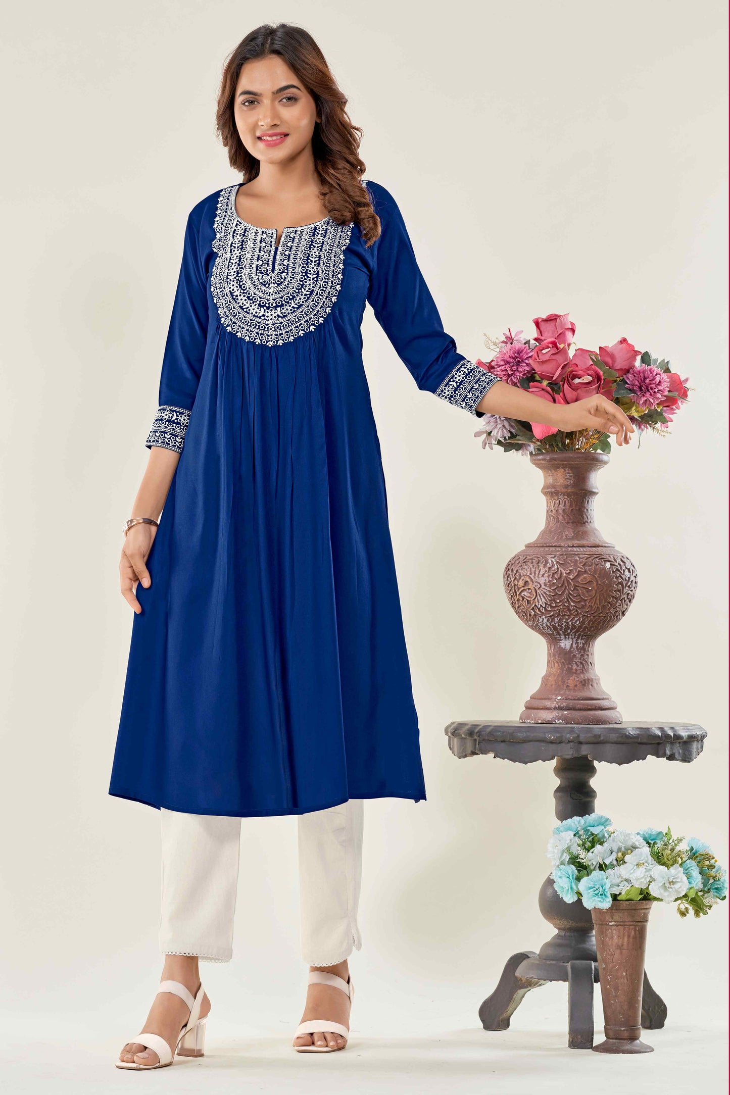 Women T Blue Embroidered Viscose Rayon Straight Kurta