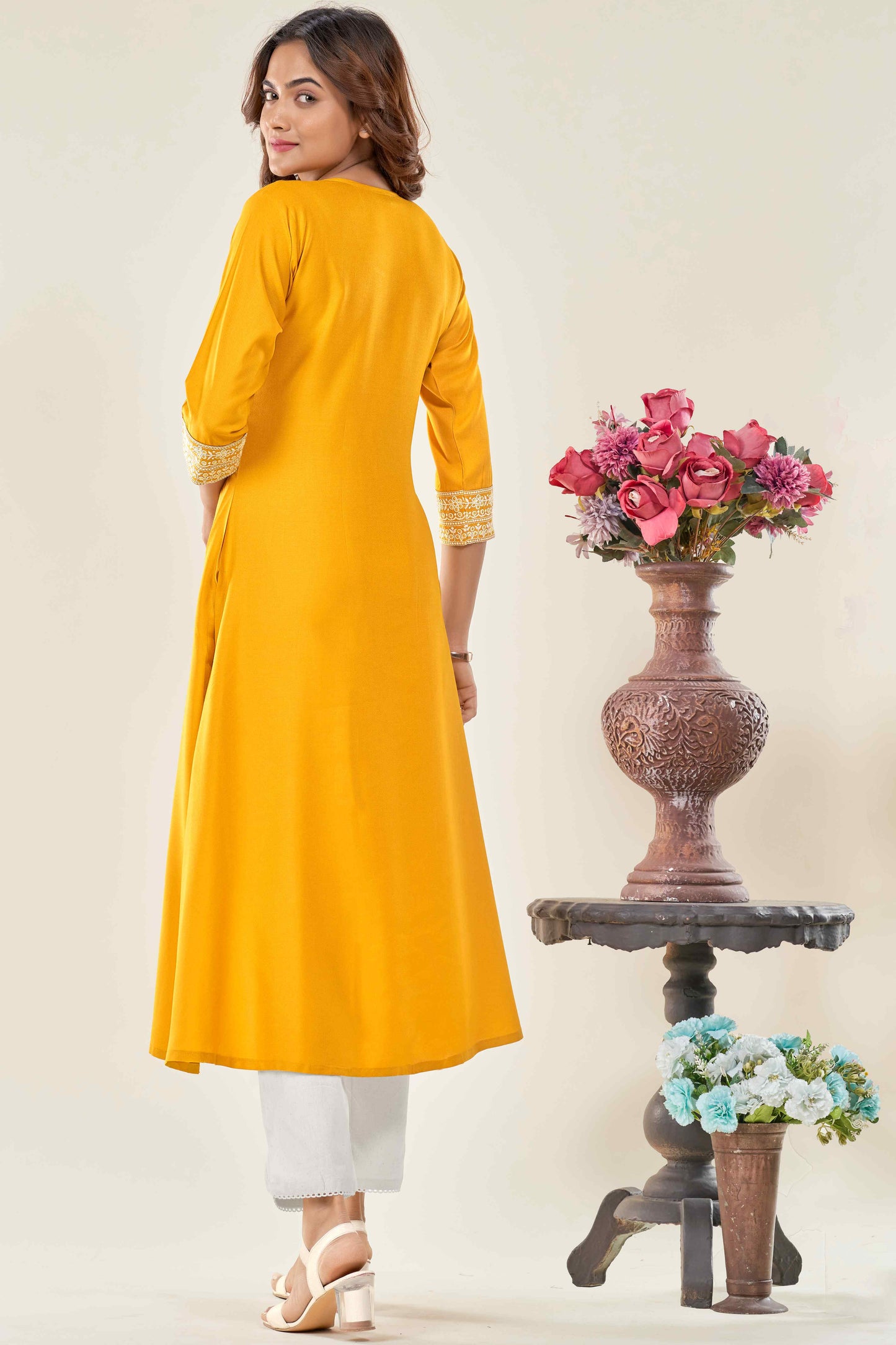 Women Yellow Embroidered Viscose Rayon Straight Kurta