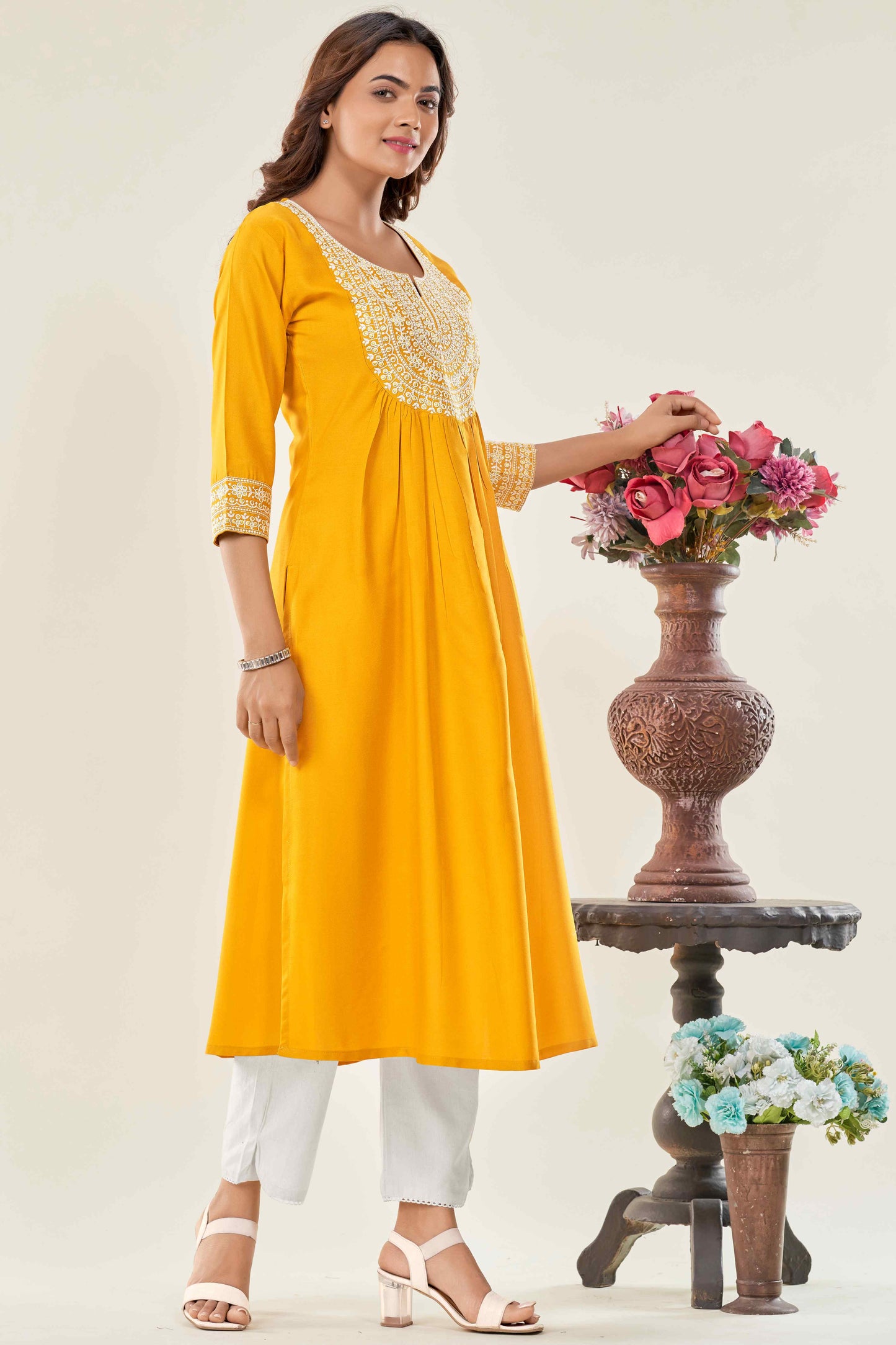 Women Yellow Embroidered Viscose Rayon Straight Kurta