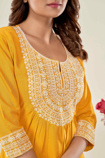 Women Yellow Embroidered Viscose Rayon Straight Kurta