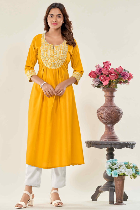 Women Yellow Embroidered Viscose Rayon Straight Kurta