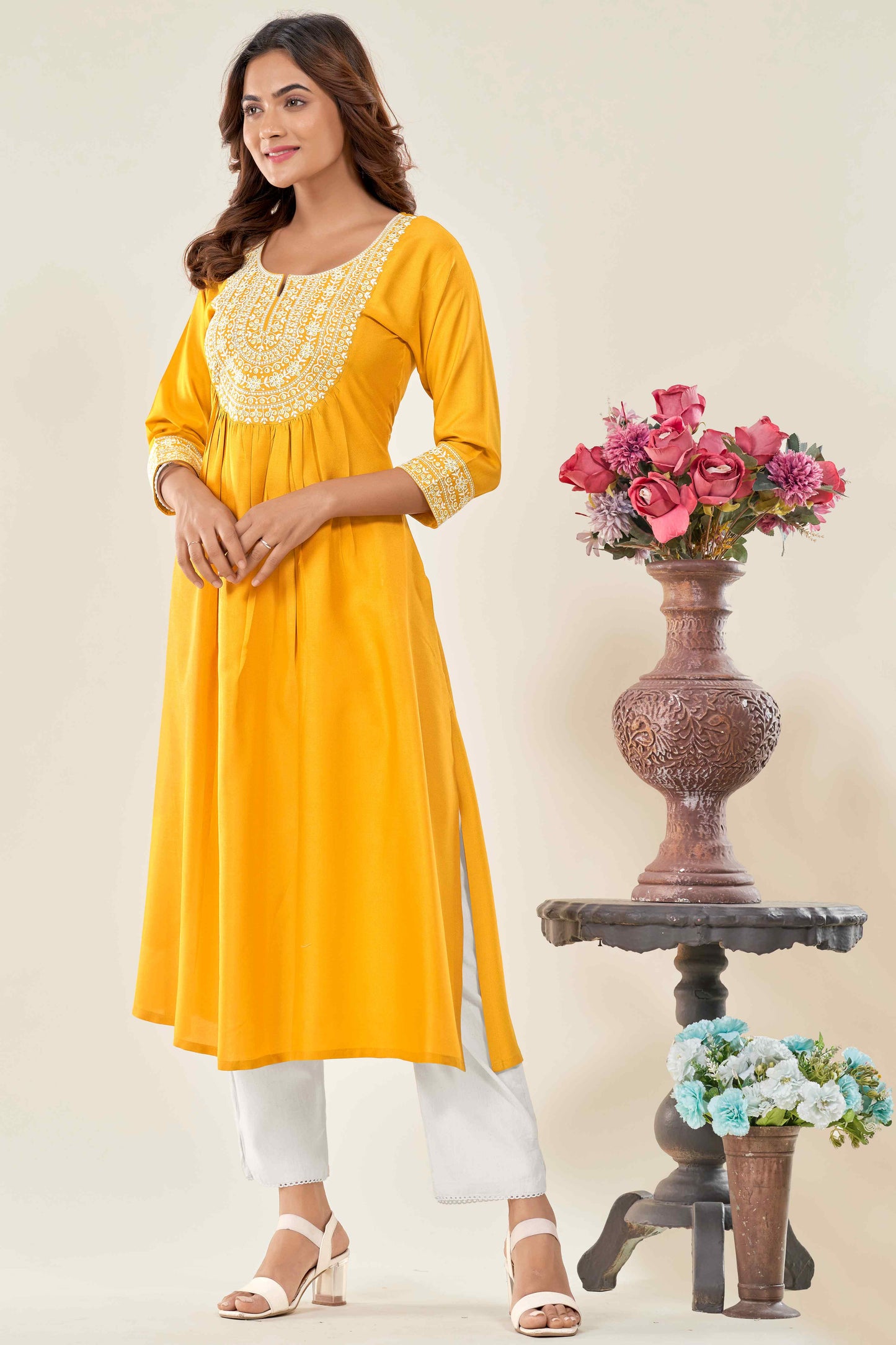 Women Yellow Embroidered Viscose Rayon Straight Kurta