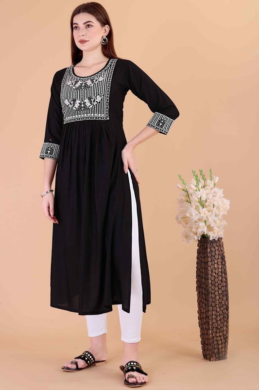 Women Black Embroidered Rayon Straight Kurta