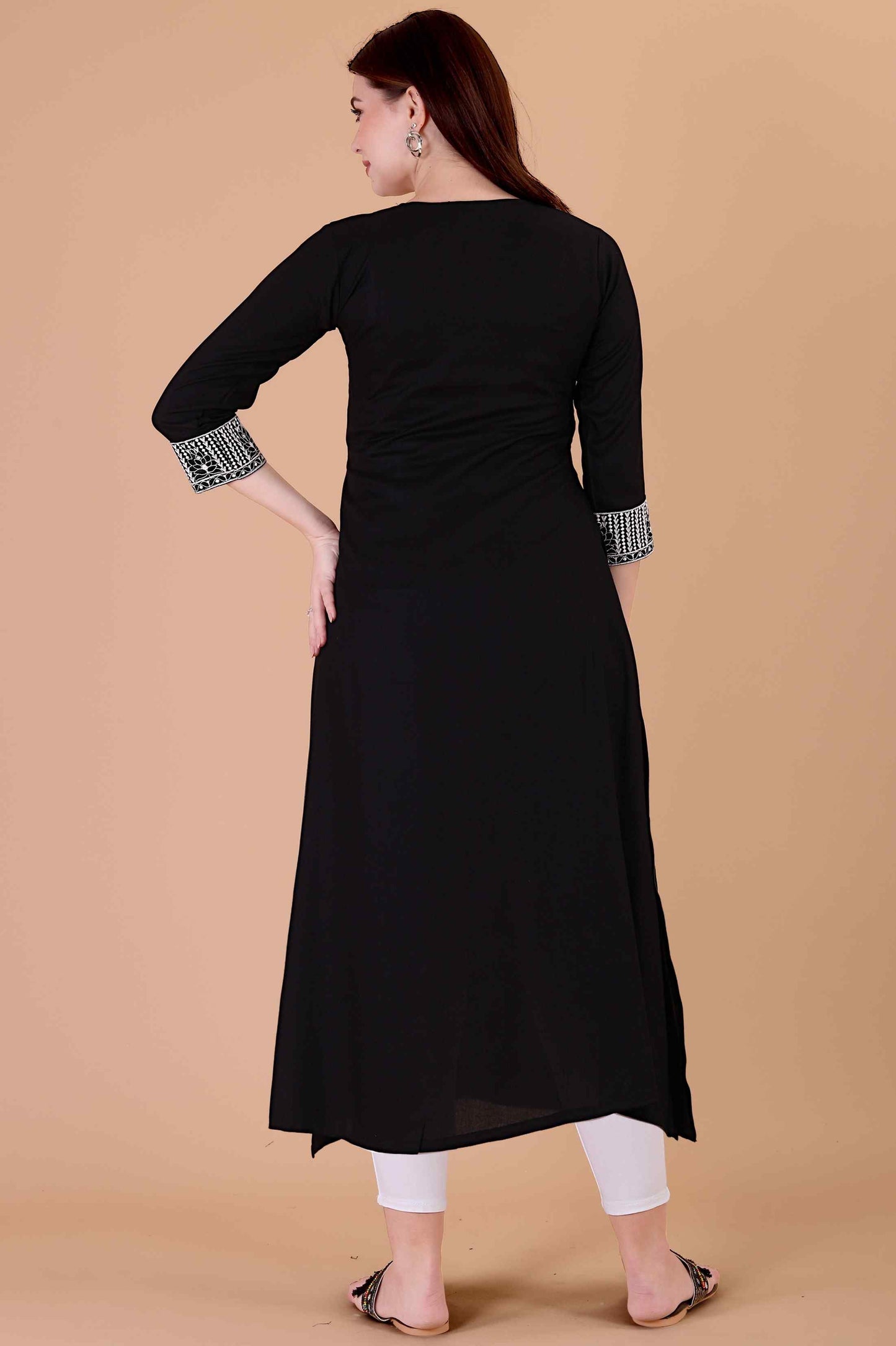 Women Black Embroidered Rayon Straight Kurta