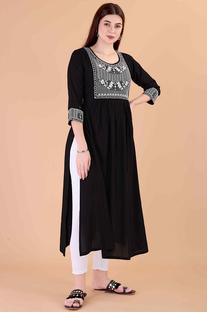 Women Black Embroidered Rayon Straight Kurta