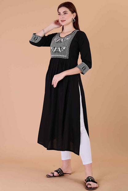 Women Black Embroidered Rayon Straight Kurta