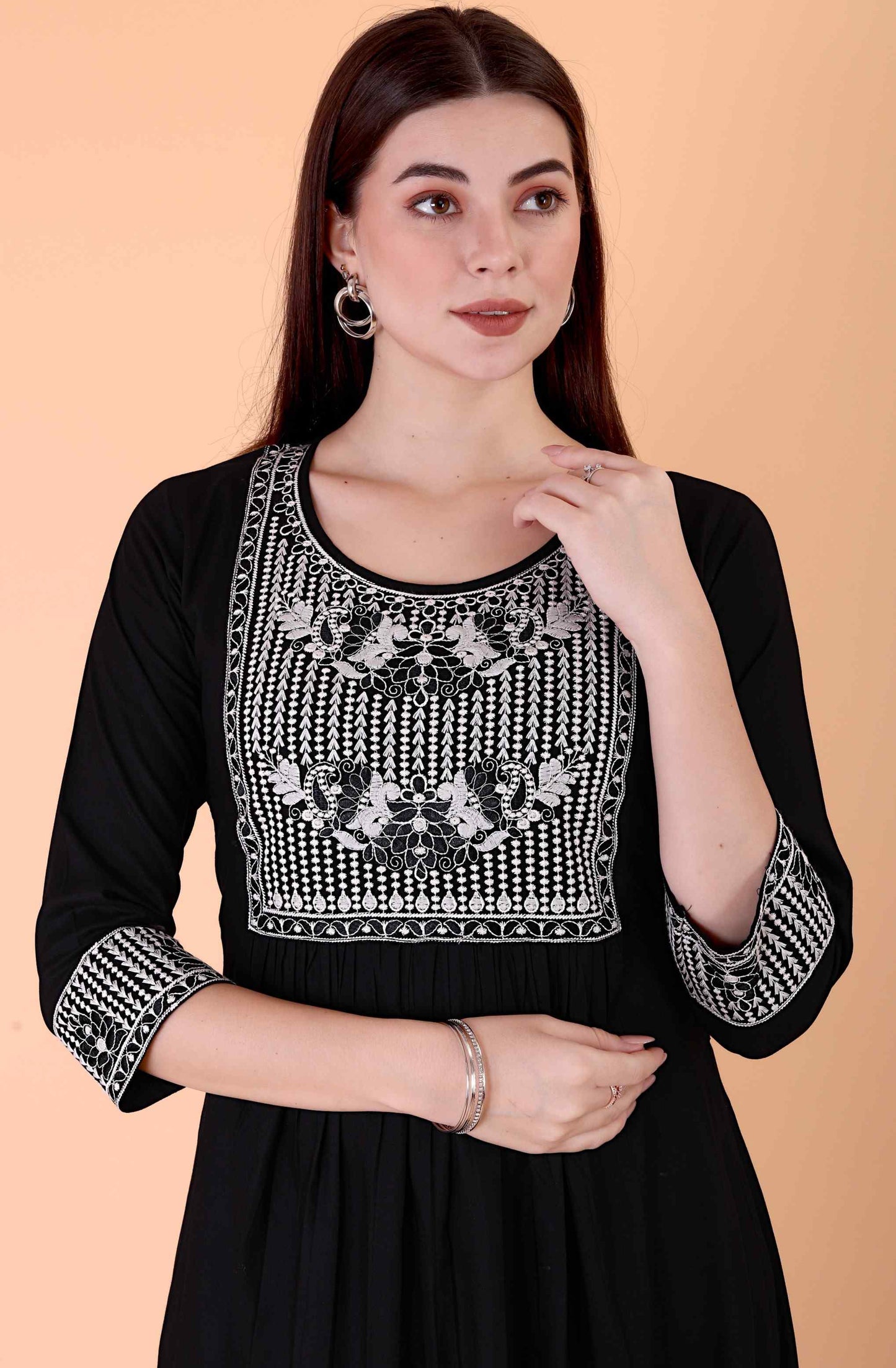 Women Black Embroidered Rayon Straight Kurta