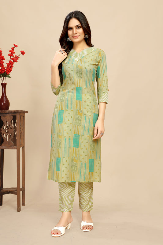 Green Cotton Floral Block Printed Kurti Pair