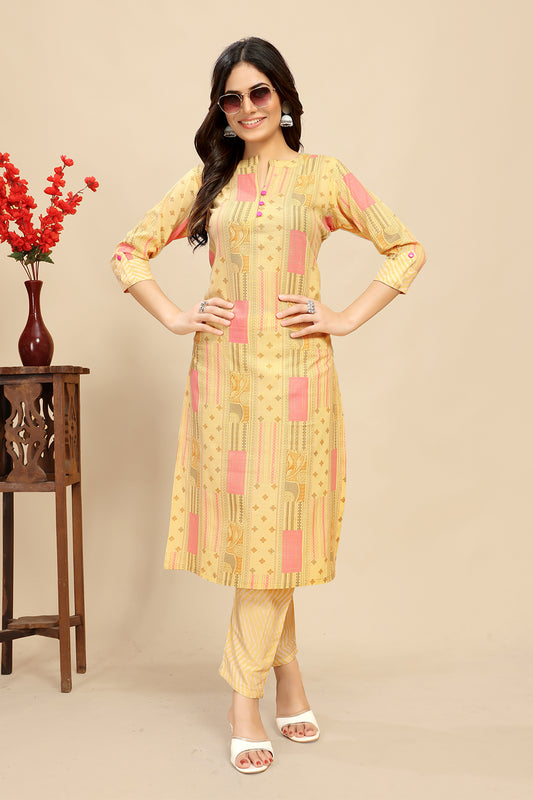 Yellow Cotton Floral Block Printed Kurti Pair