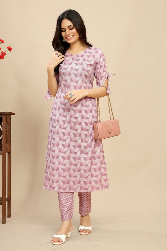 Light Pink pure Cotton leaf Printed Kurta trouser set