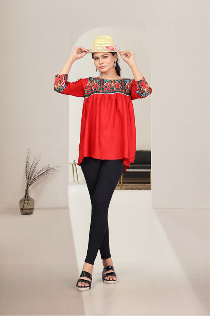 Casual Regular Sleeves Printed Women Red Top