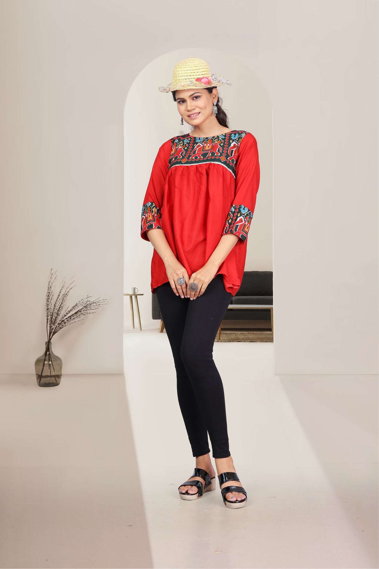 Casual Regular Sleeves Printed Women Red Top