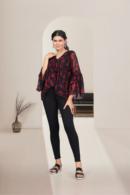 Women Black & Red Printed Styled Back Top