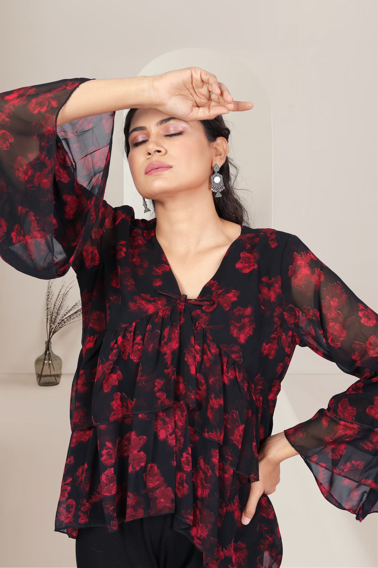 Women Black & Red Printed Styled Back Top