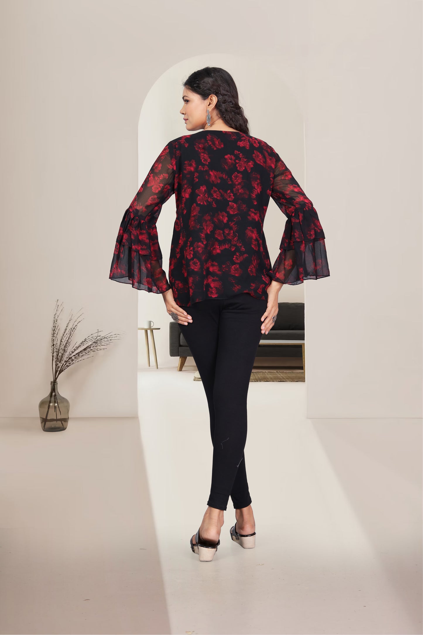 Women Black & Red Printed Styled Back Top