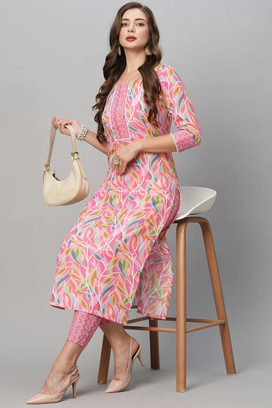 Women's Pink Cotton Blend Straight Printed Kurta With Trousers