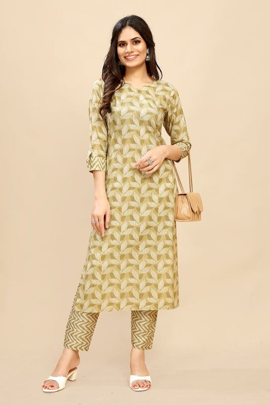 yellow beige pure Cotton leaf Printed Kurta Trouser set