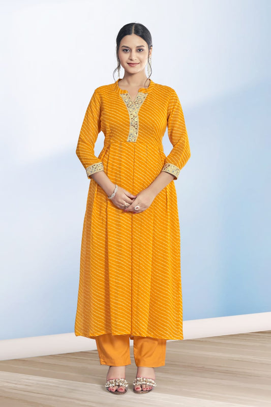 Women's Yellow Cotton Casual Embroidery and Printed Kurti-Pant