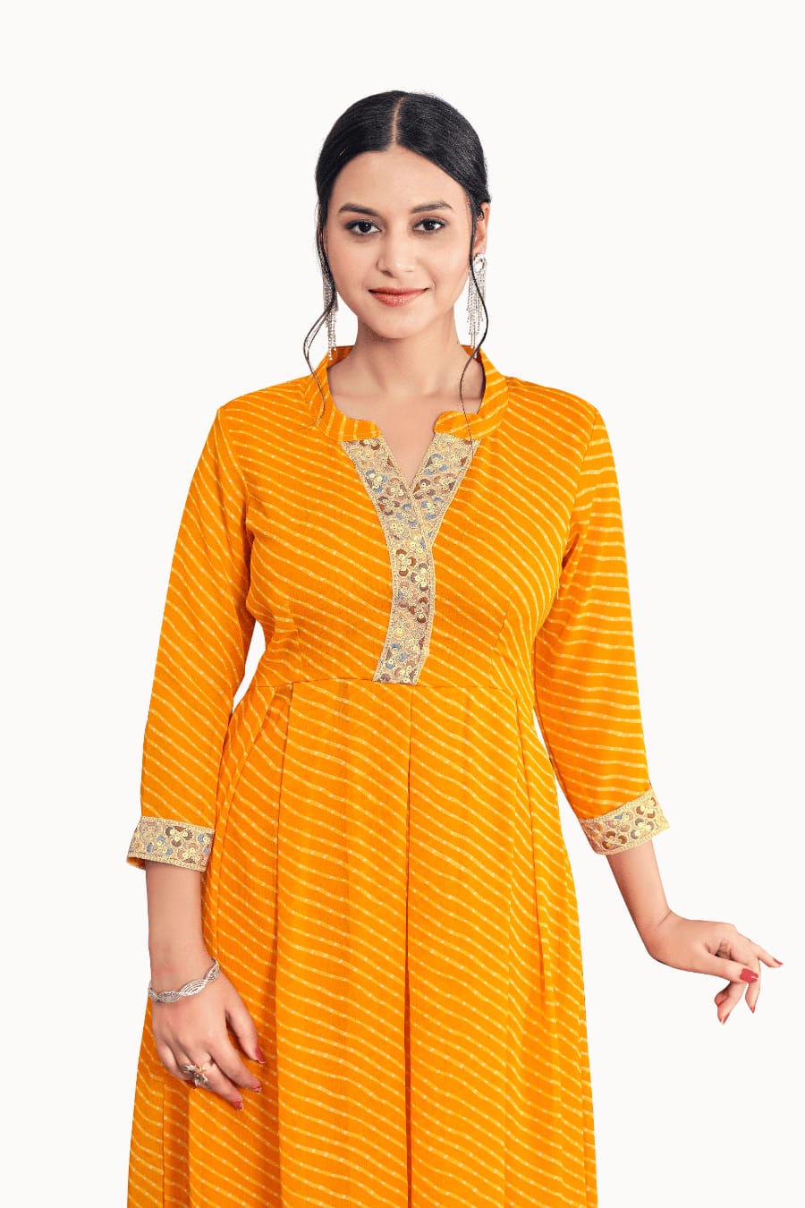 Women's Yellow Cotton Casual Embroidery and Printed Kurti-Pant