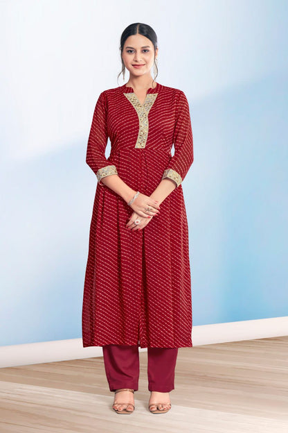 Women's Red Cotton Casual Embroidery and Printed Kurti-Pant