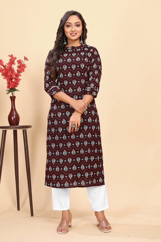 Women's Brown  Rayon Floral Printed Straight Kurta-pant