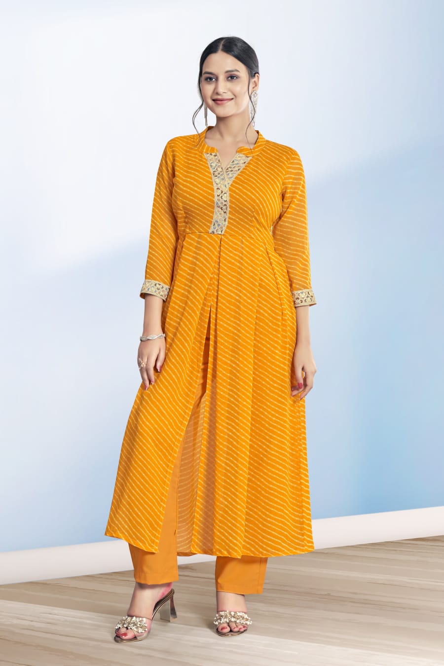 Women's Yellow Cotton Casual Embroidery and Printed Kurti-Pant