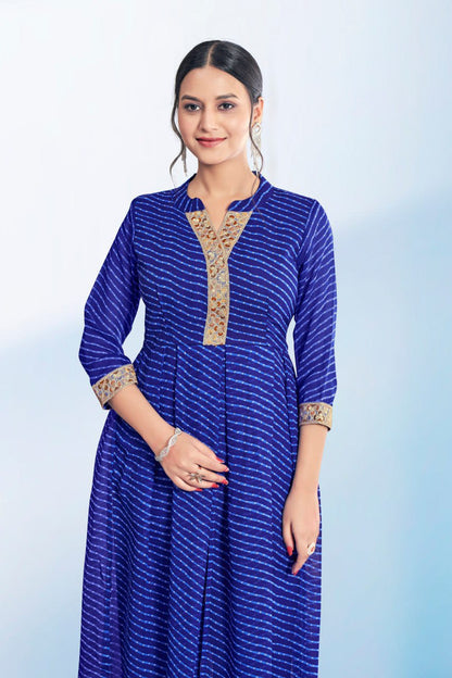 Women's Blue Cotton Casual Embroidery and Printed Kurti-Pant