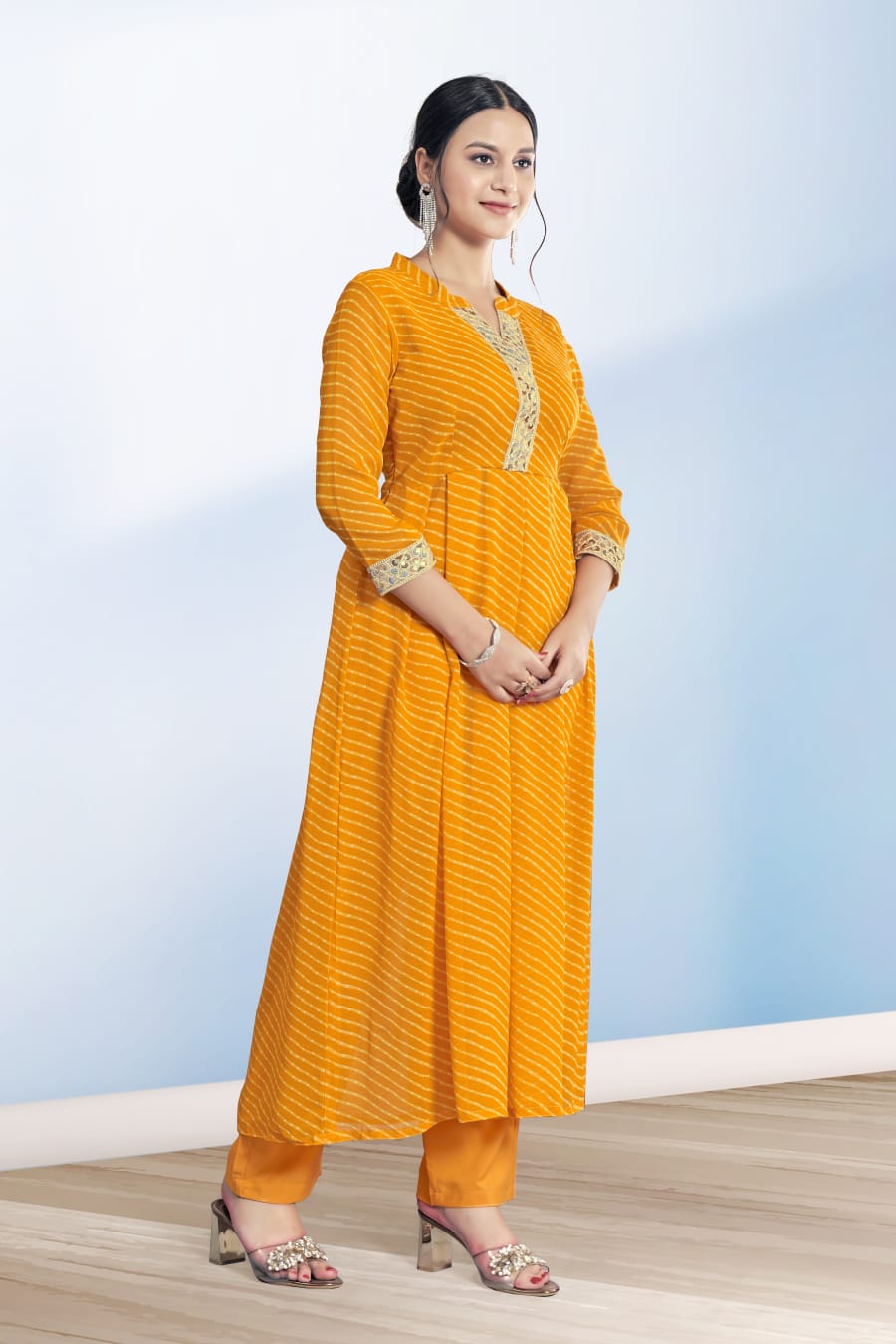 Women's Yellow Cotton Casual Embroidery and Printed Kurti-Pant