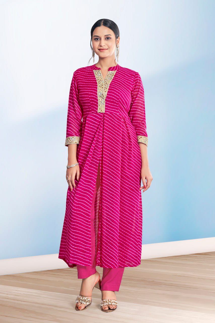 Women's Pink Cotton Casual Embroidery and Printed Kurti-Pant