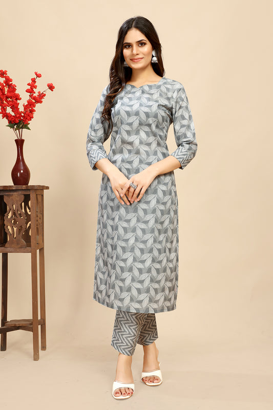 Grey pure Cotton leaf Printed Kurta trouser set