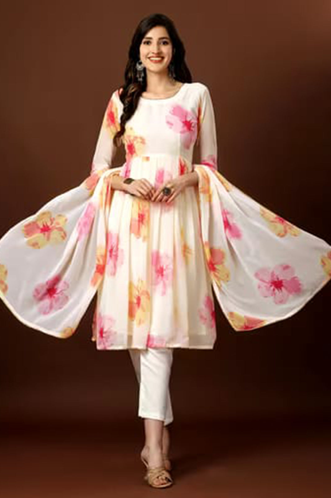 White Anarkali Gown Floral Printed