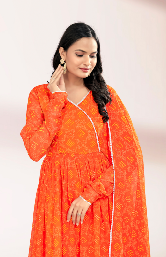 Woman's Orange Printed Flared Gown