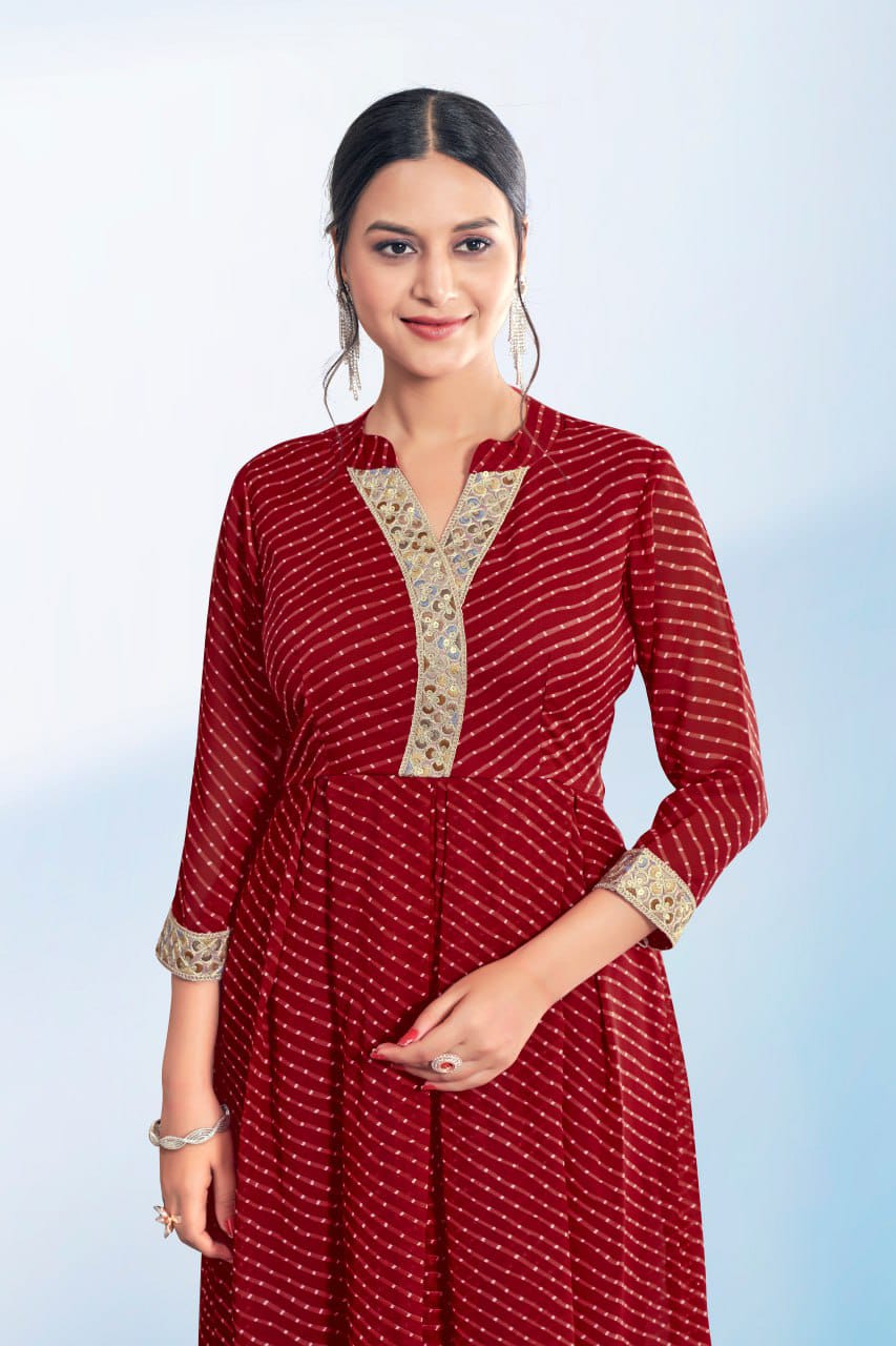 Women's Red Cotton Casual Embroidery and Printed Kurti-Pant