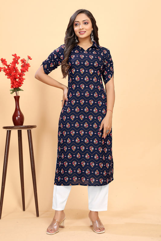 Women's Blue Rayon Floral Printed Straight Kurta