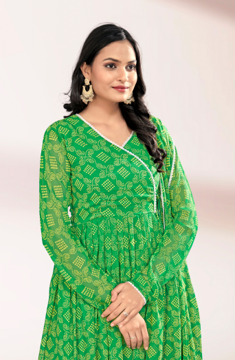 Woman's Green Printed Flared Gown